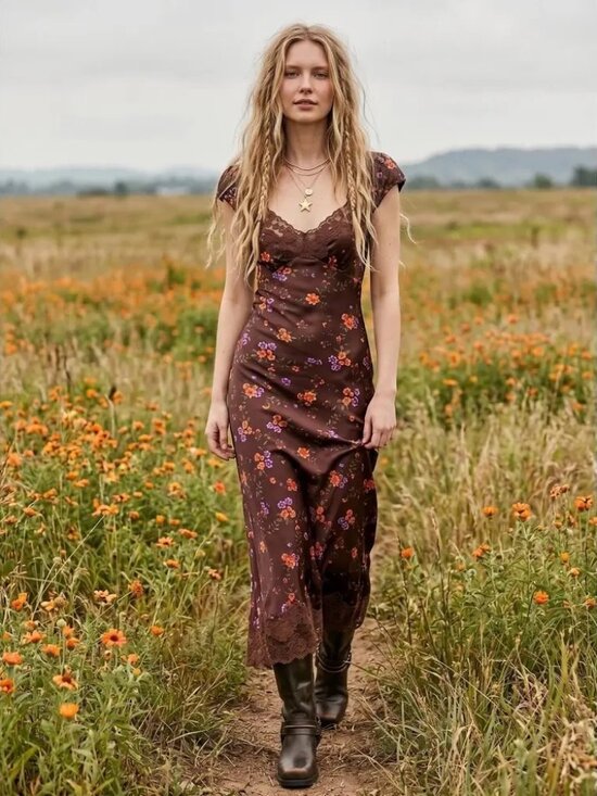 Free People Dresses & Skirts - Free People Butterfly Babe Brown Floral Milkmaid Maxi Slip Dress Bias Cut Size L